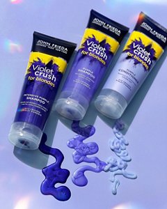 John Frieda Violet Crush range showing swatches of each product